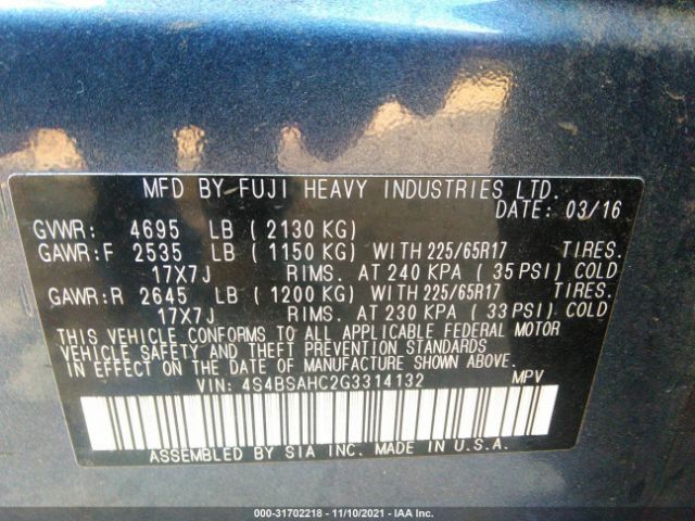 Photo 8 VIN: 4S4BSAHC2G3314132 - SUBARU OUTBACK 