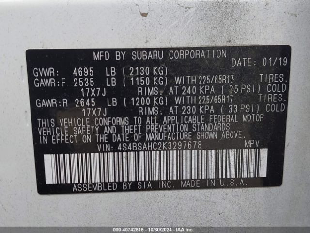 Photo 8 VIN: 4S4BSAHC2K3297678 - SUBARU OUTBACK 