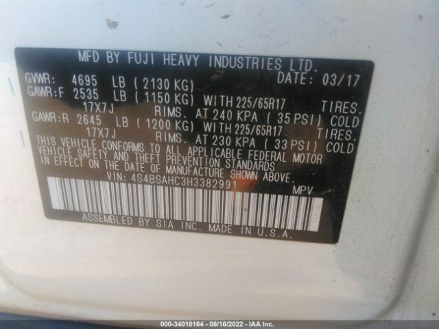 Photo 8 VIN: 4S4BSAHC3H3382991 - SUBARU OUTBACK 