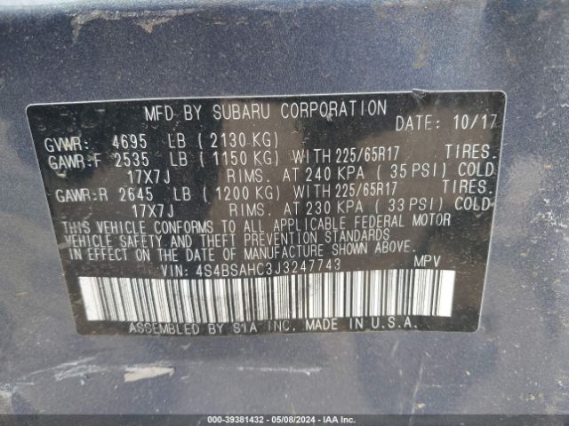 Photo 8 VIN: 4S4BSAHC3J3247743 - SUBARU OUTBACK 