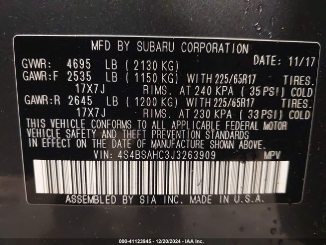 Photo 8 VIN: 4S4BSAHC3J3263909 - SUBARU OUTBACK 