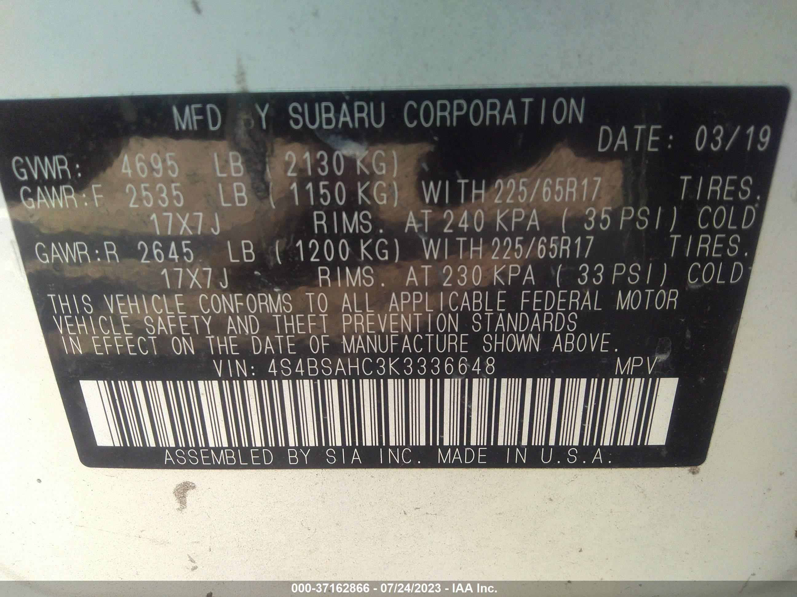 Photo 8 VIN: 4S4BSAHC3K3336648 - SUBARU OUTBACK 