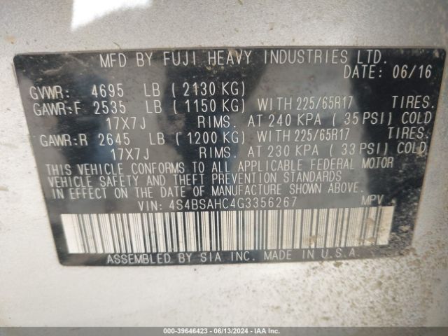 Photo 8 VIN: 4S4BSAHC4G3356267 - SUBARU OUTBACK 