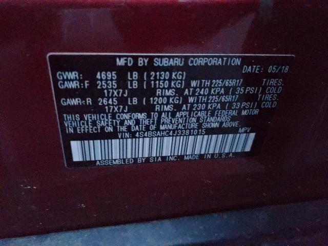 Photo 9 VIN: 4S4BSAHC4J3381015 - SUBARU OUTBACK 2. 