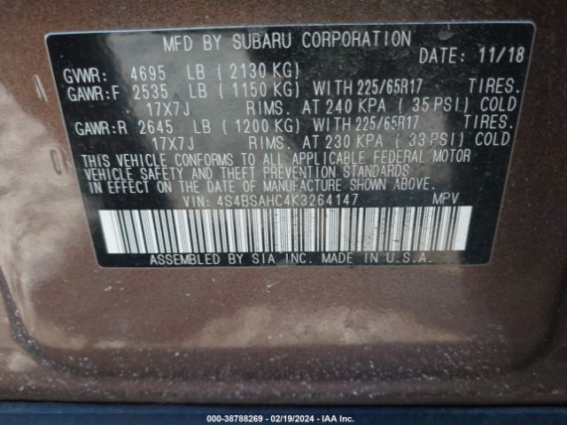 Photo 8 VIN: 4S4BSAHC4K3264147 - SUBARU OUTBACK 