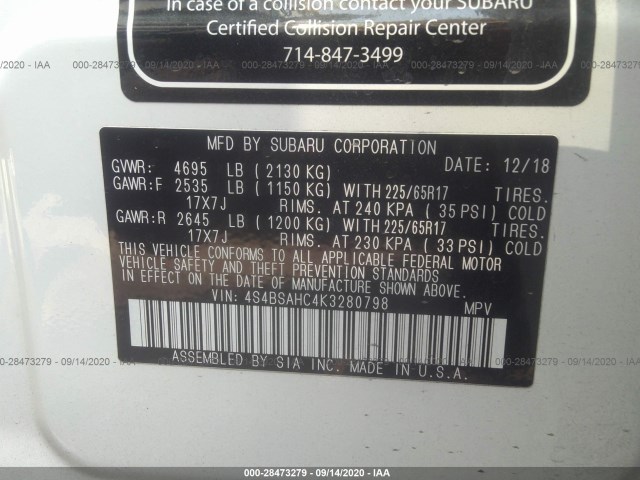 Photo 8 VIN: 4S4BSAHC4K3280798 - SUBARU OUTBACK 