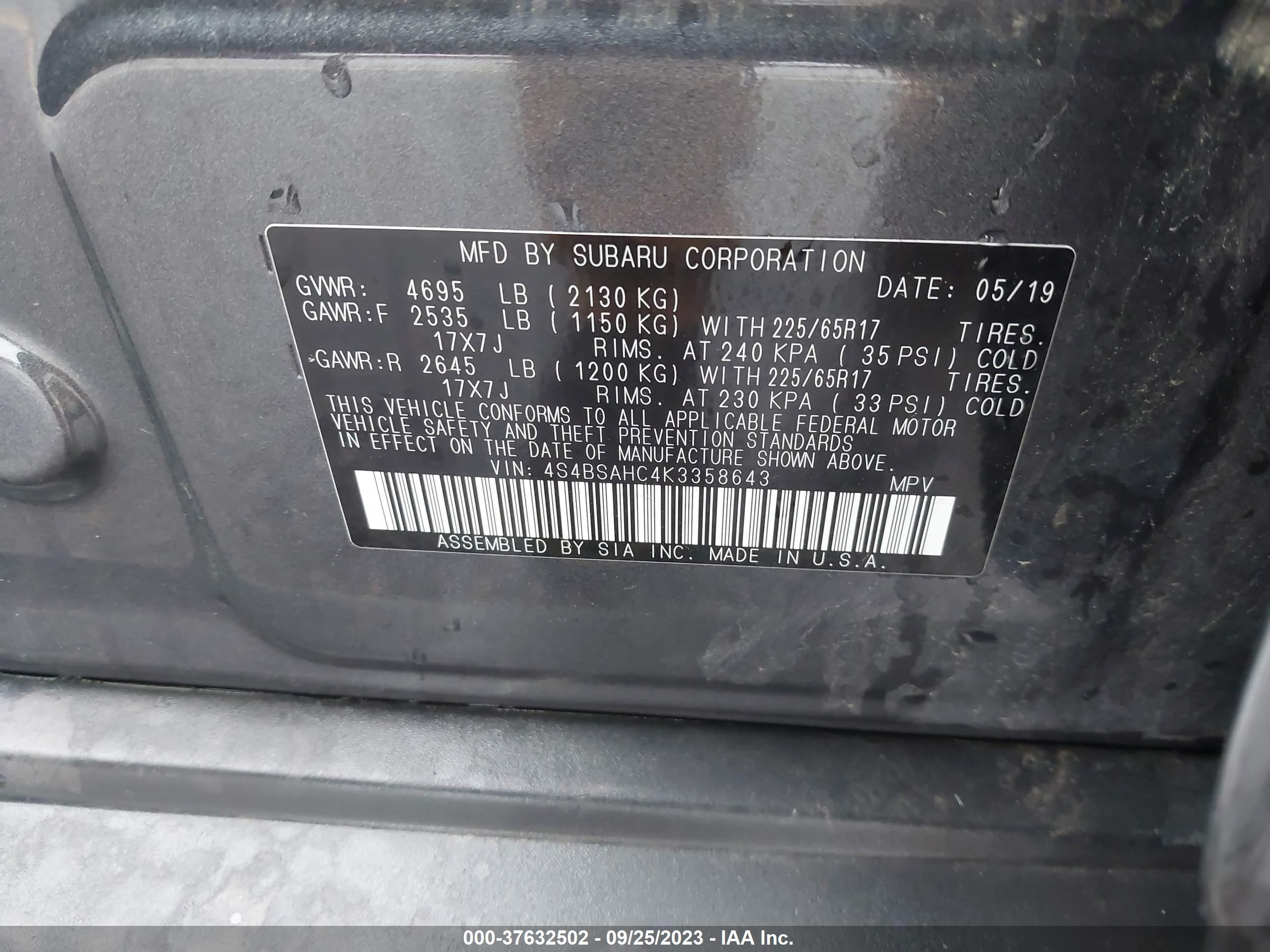 Photo 8 VIN: 4S4BSAHC4K3358643 - SUBARU OUTBACK 