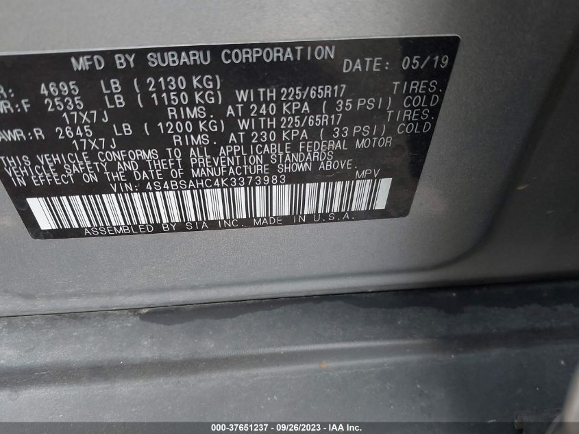 Photo 8 VIN: 4S4BSAHC4K3373983 - SUBARU OUTBACK 