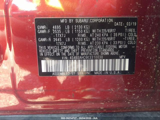 Photo 8 VIN: 4S4BSAHC6K3310030 - SUBARU OUTBACK 