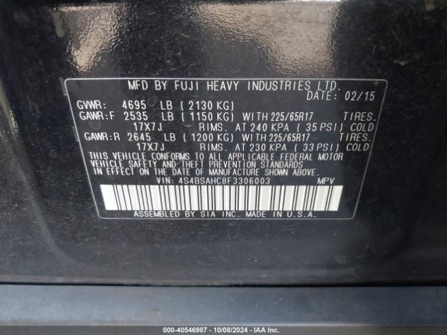 Photo 8 VIN: 4S4BSAHC8F3306003 - SUBARU OUTBACK 