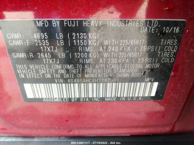 Photo 8 VIN: 4S4BSAHC8H3292980 - SUBARU OUTBACK 