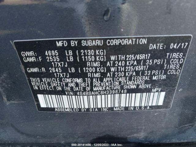 Photo 8 VIN: 4S4BSAHC8H3398748 - SUBARU OUTBACK 