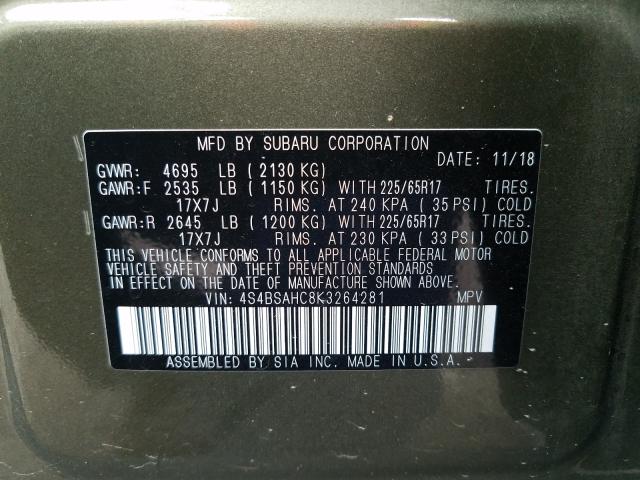 Photo 9 VIN: 4S4BSAHC8K3264281 - SUBARU OUTBACK 2. 