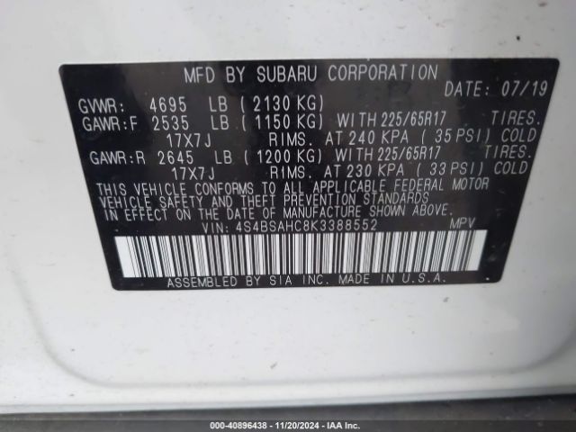 Photo 8 VIN: 4S4BSAHC8K3388552 - SUBARU OUTBACK 