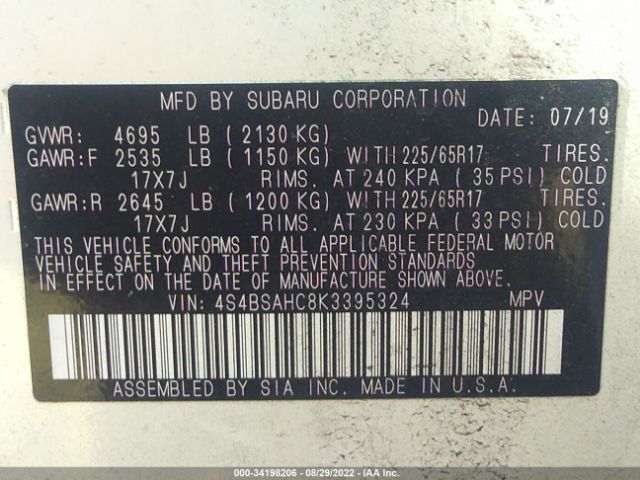 Photo 8 VIN: 4S4BSAHC8K3395324 - SUBARU OUTBACK 