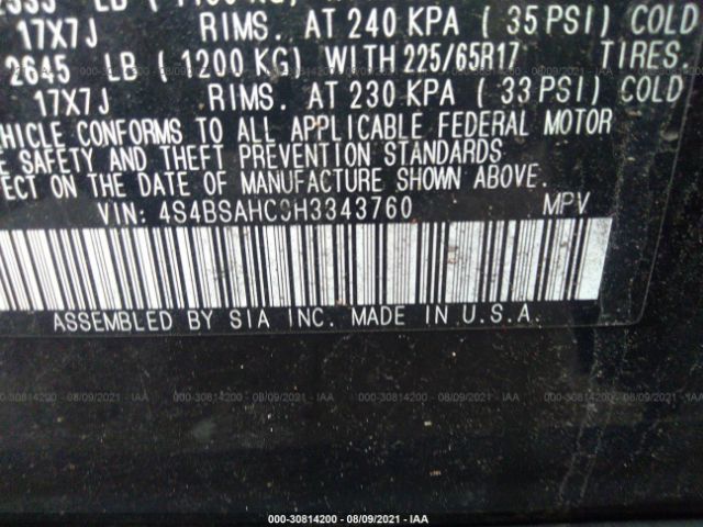 Photo 8 VIN: 4S4BSAHC9H3343760 - SUBARU OUTBACK 