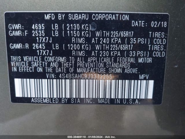 Photo 8 VIN: 4S4BSAHC9J3312255 - SUBARU OUTBACK 