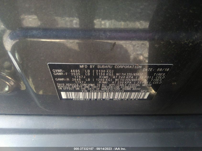 Photo 8 VIN: 4S4BSAHC9K3222329 - SUBARU OUTBACK 