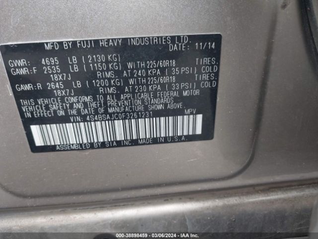 Photo 8 VIN: 4S4BSAJC0F3261231 - SUBARU OUTBACK 