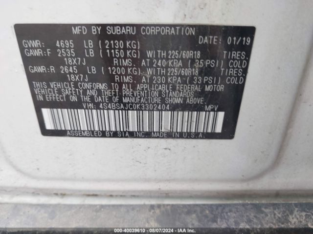 Photo 8 VIN: 4S4BSAJC0K3302404 - SUBARU OUTBACK 