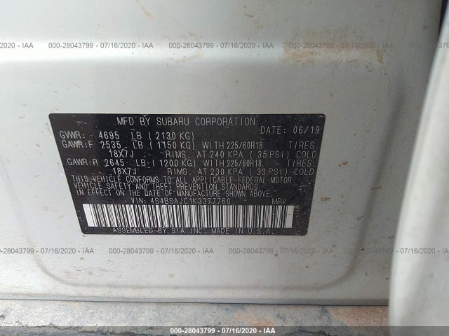 Photo 8 VIN: 4S4BSAJC1K3377760 - SUBARU OUTBACK 