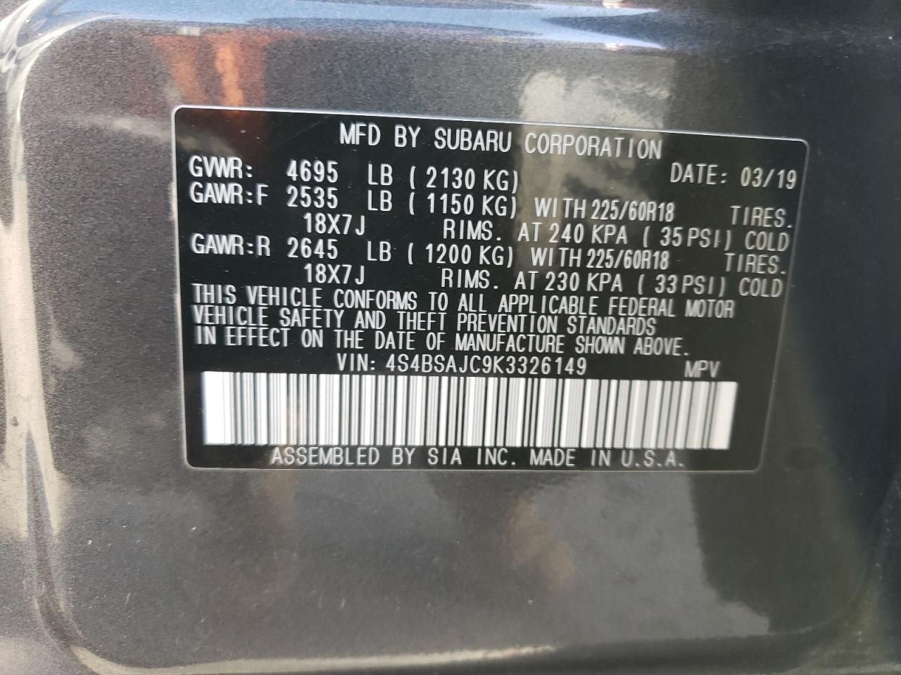 Photo 11 VIN: 4S4BSAJC9K3326149 - SUBARU OUTBACK 