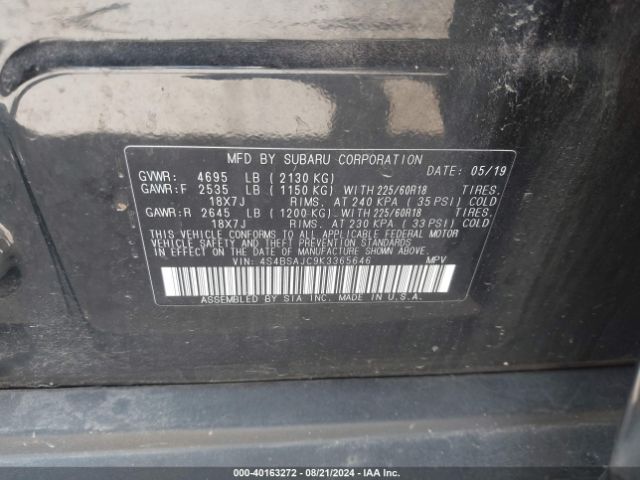 Photo 8 VIN: 4S4BSAJC9K3365646 - SUBARU OUTBACK 