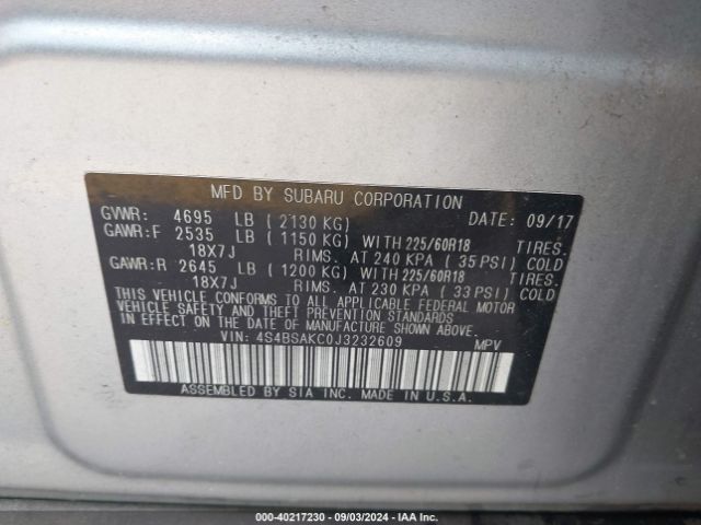 Photo 8 VIN: 4S4BSAKC0J3232609 - SUBARU OUTBACK 