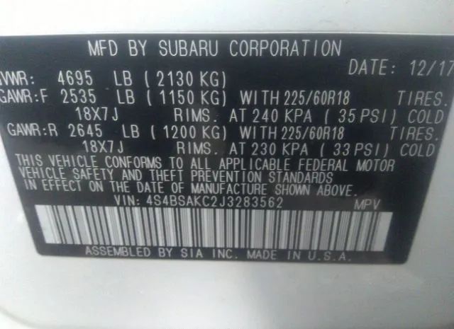 Photo 8 VIN: 4S4BSAKC2J3283562 - SUBARU OUTBACK 