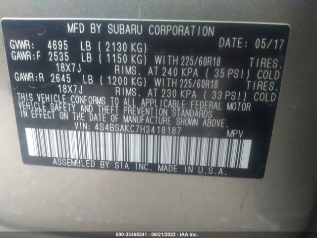 Photo 8 VIN: 4S4BSAKC7H3418187 - SUBARU OUTBACK 