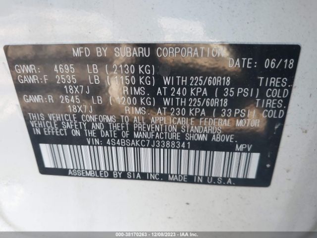 Photo 8 VIN: 4S4BSAKC7J3388341 - SUBARU OUTBACK 