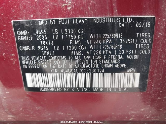 Photo 8 VIN: 4S4BSALC0G3230124 - SUBARU OUTBACK 