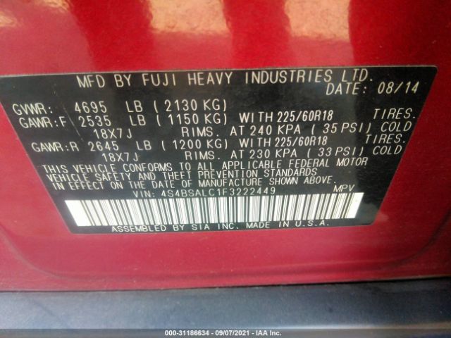 Photo 8 VIN: 4S4BSALC1F3222449 - SUBARU OUTBACK 