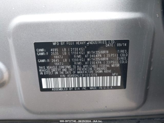 Photo 8 VIN: 4S4BSALC3F3227278 - SUBARU OUTBACK 