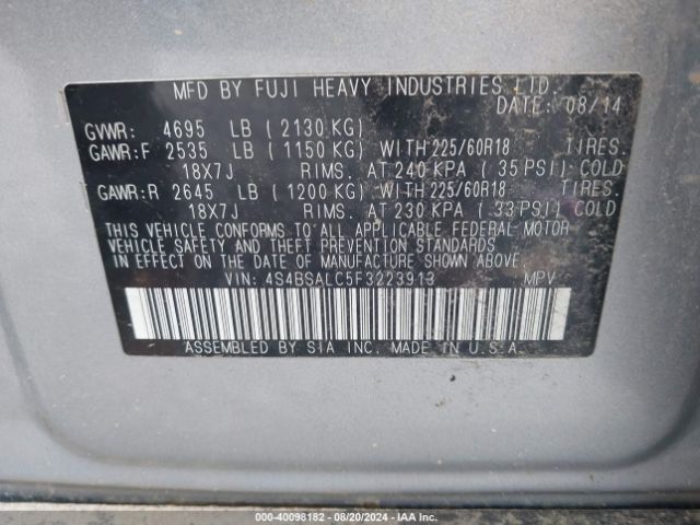 Photo 8 VIN: 4S4BSALC5F3223913 - SUBARU OUTBACK 