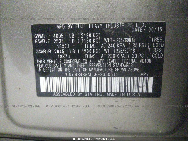 Photo 8 VIN: 4S4BSALC6F3350511 - SUBARU OUTBACK 