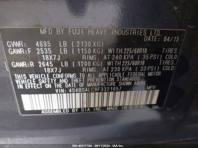 Photo 8 VIN: 4S4BSALC8F3321057 - SUBARU OUTBACK 