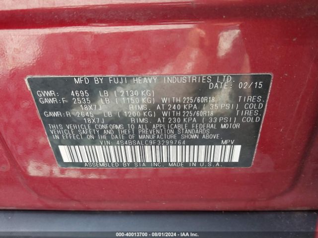 Photo 8 VIN: 4S4BSALC9F3299764 - SUBARU OUTBACK 