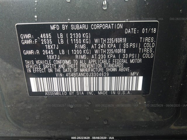 Photo 8 VIN: 4S4BSANC0J3304629 - SUBARU OUTBACK 