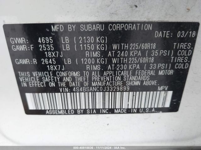 Photo 8 VIN: 4S4BSANC0J3329899 - SUBARU OUTBACK 