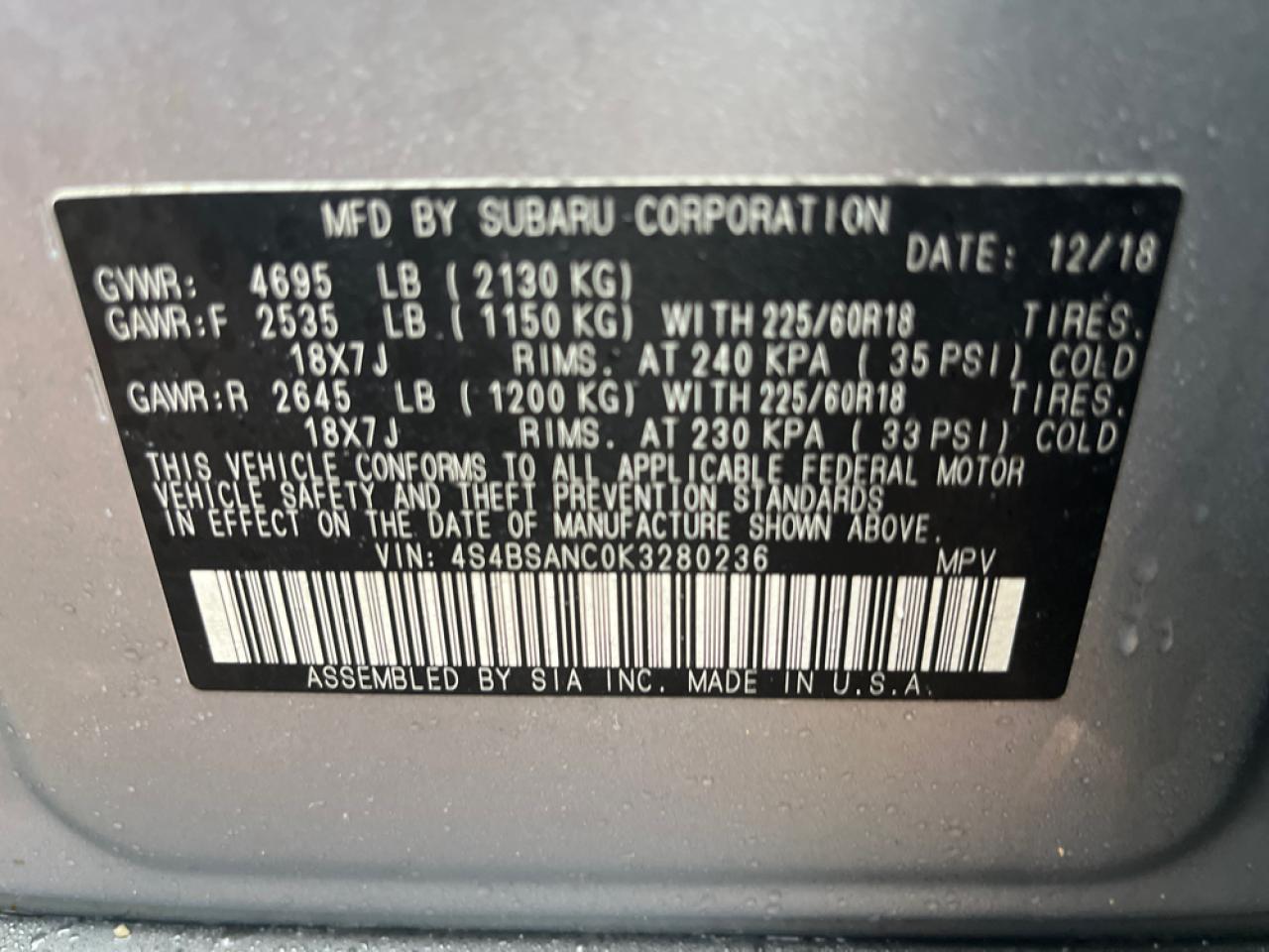 Photo 11 VIN: 4S4BSANC0K3280236 - SUBARU OUTBACK 