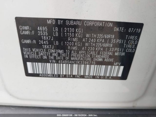 Photo 8 VIN: 4S4BSANC0K3396715 - SUBARU OUTBACK 