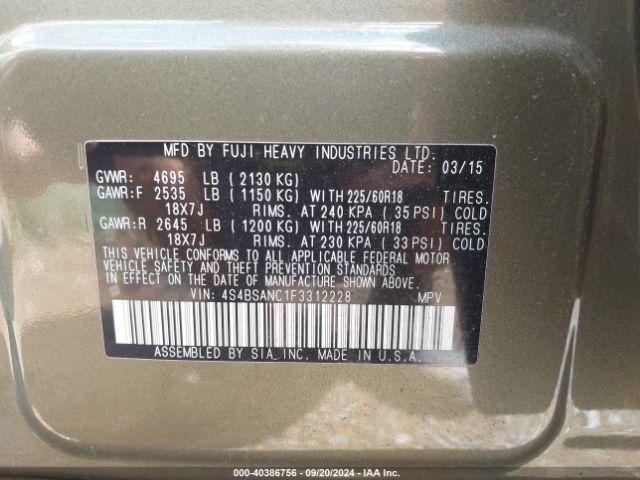 Photo 8 VIN: 4S4BSANC1F3312228 - SUBARU OUTBACK 