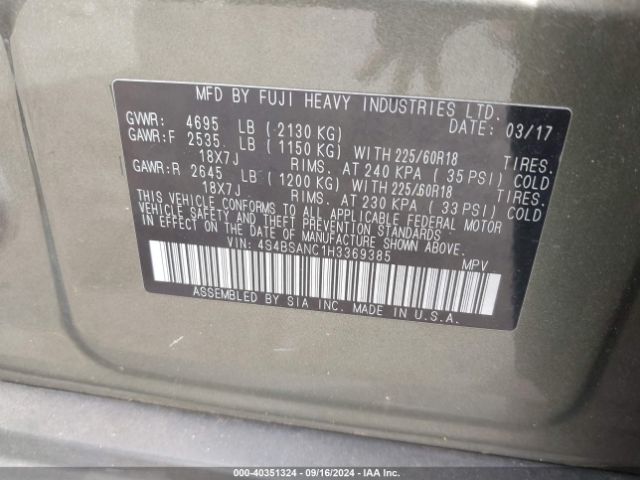 Photo 8 VIN: 4S4BSANC1H3369385 - SUBARU OUTBACK 