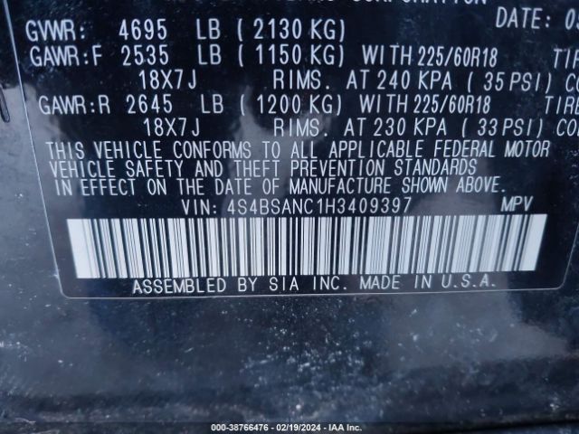 Photo 8 VIN: 4S4BSANC1H3409397 - SUBARU OUTBACK 