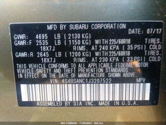 Photo 8 VIN: 4S4BSANC1J3207522 - SUBARU OUTBACK 