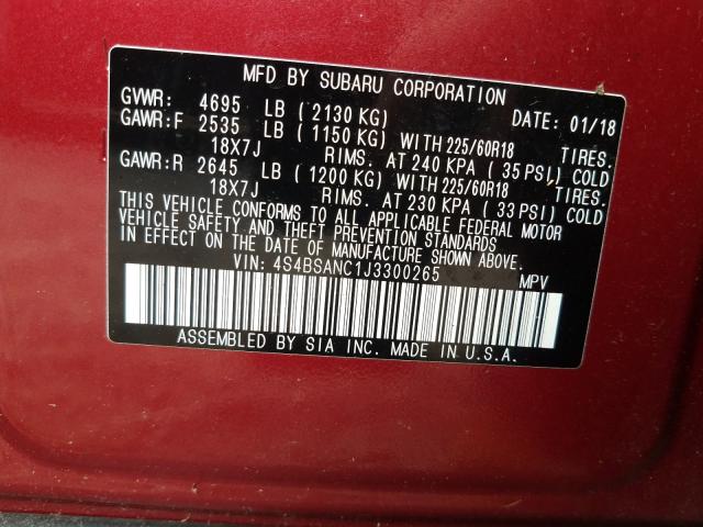 Photo 9 VIN: 4S4BSANC1J3300265 - SUBARU OUTBACK 2. 