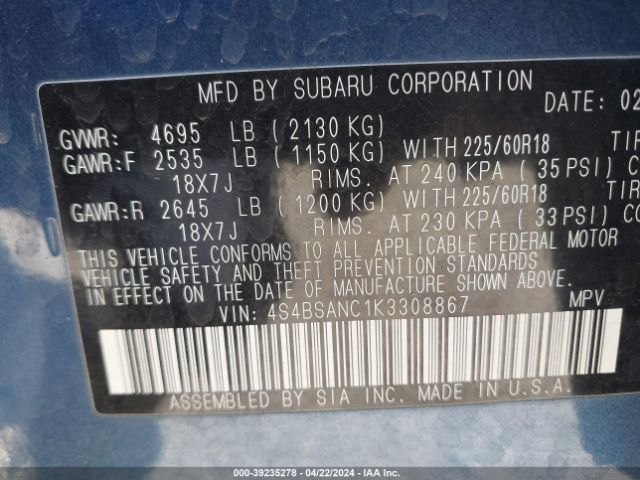 Photo 8 VIN: 4S4BSANC1K3308867 - SUBARU OUTBACK 