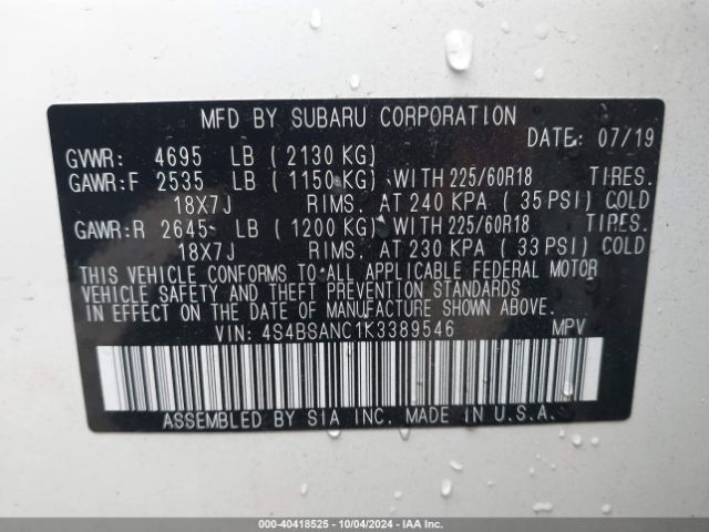 Photo 8 VIN: 4S4BSANC1K3389546 - SUBARU OUTBACK 