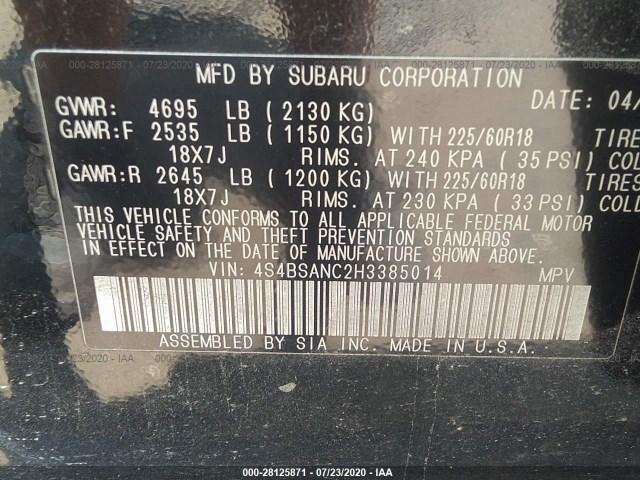 Photo 8 VIN: 4S4BSANC2H3385014 - SUBARU OUTBACK 